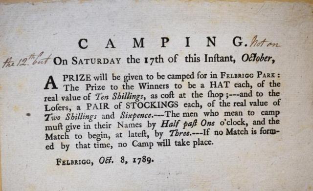 advertisement for camping match in Felbrigg park, 1789. Catalogue reference: WKC 7/100/1-14, 404X5
